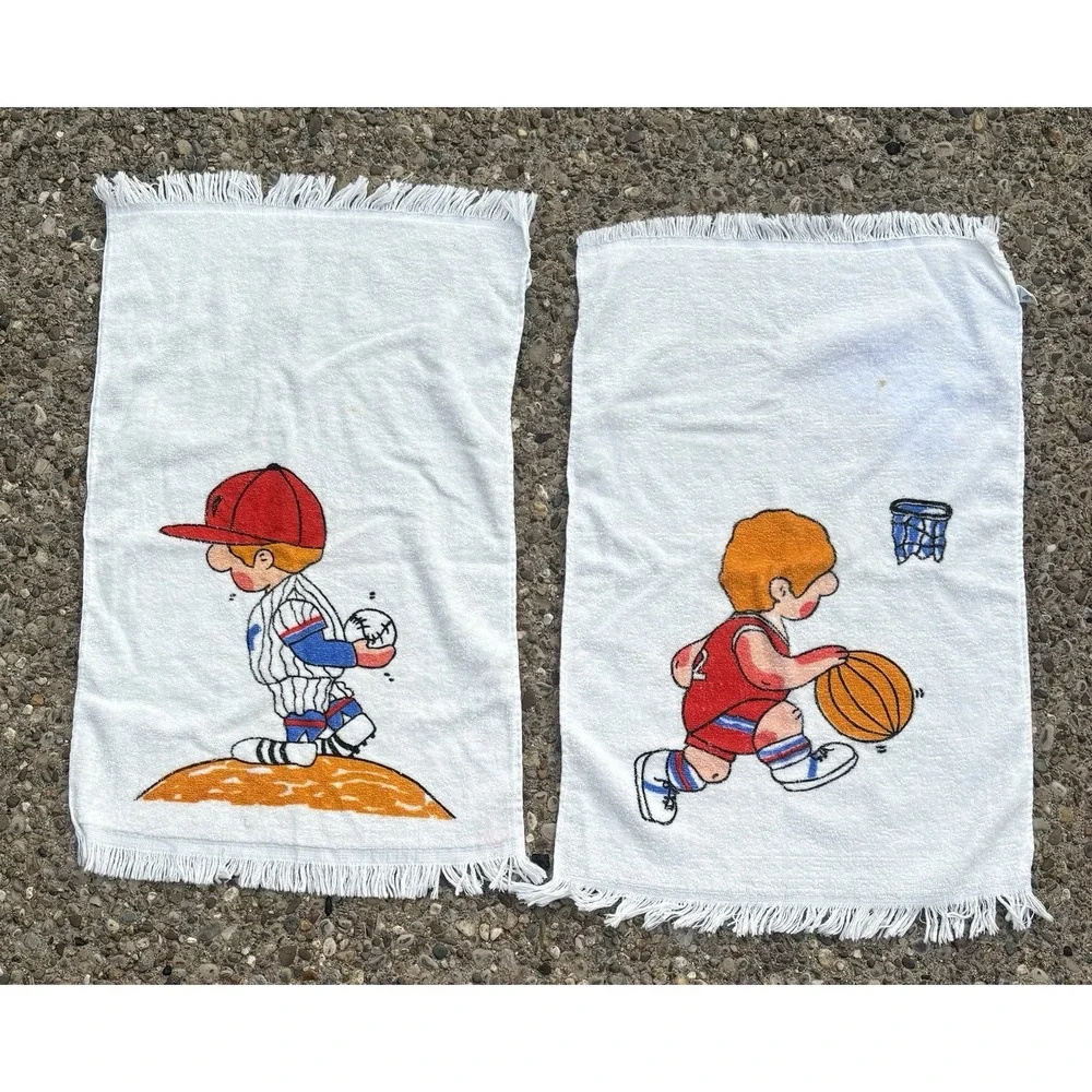 Vintage Hand Towel Set Of 2  Baseball Basketball Cartoon Kids Bath Cotton